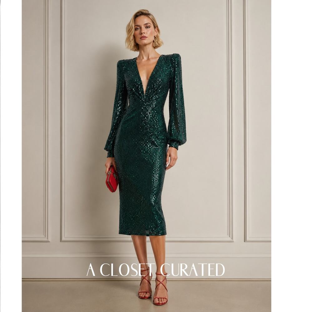 Mac Duggal Sequined Structured Bishop Sleeve Midi Dress Green 6 NWT Style 26866